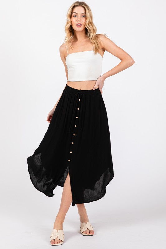 Round Hem Button Front Midi Skirt - Black – Pineapple Lain Boutique