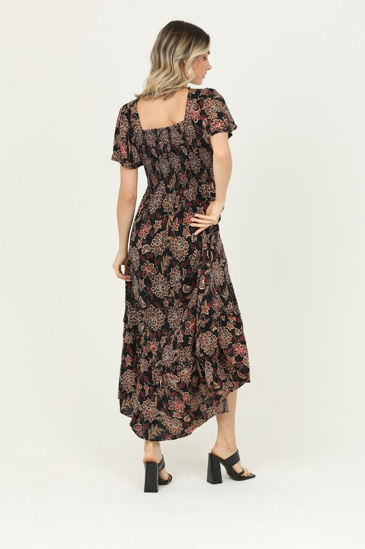 Angie - Twist Front Flutter Sleeve Maxi Dress - Black/Maroon