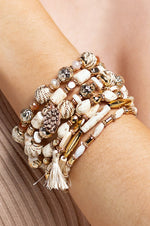 7 Strand Multi-Textured Beaded Charm Bracelet - Ivory