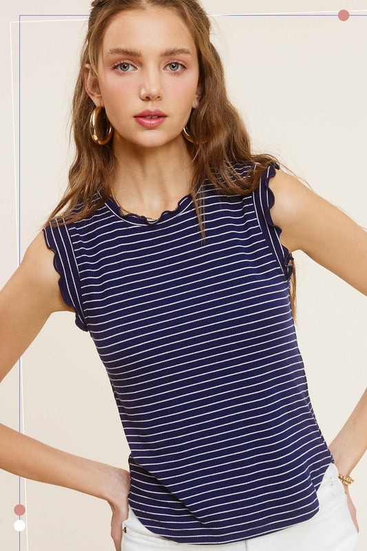 Celia Ruffle Shoulder Striped Tank - Navy