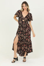 Angie - Twist Front Flutter Sleeve Maxi Dress - Black/Maroon