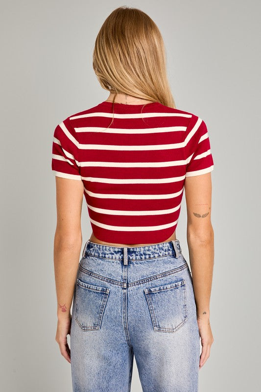 Basic Cropped Stripe Knit Top - Red