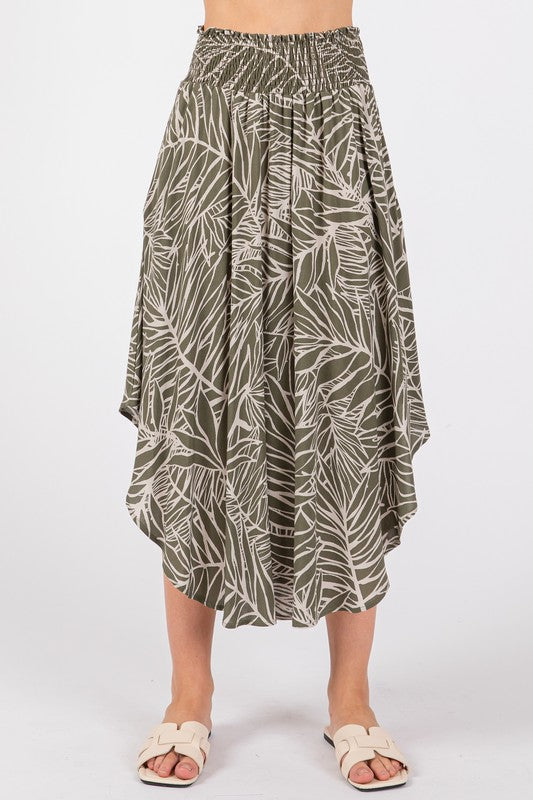 Vintage Palm Fronds Midi Skirt - Olive