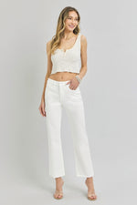 Risen Tummy Control Mid Rise Crop Straight Fray Hem Jeans - White