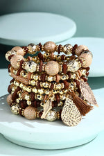 7 Strand Multi-Textured Beaded Charm Bracelet - Brown