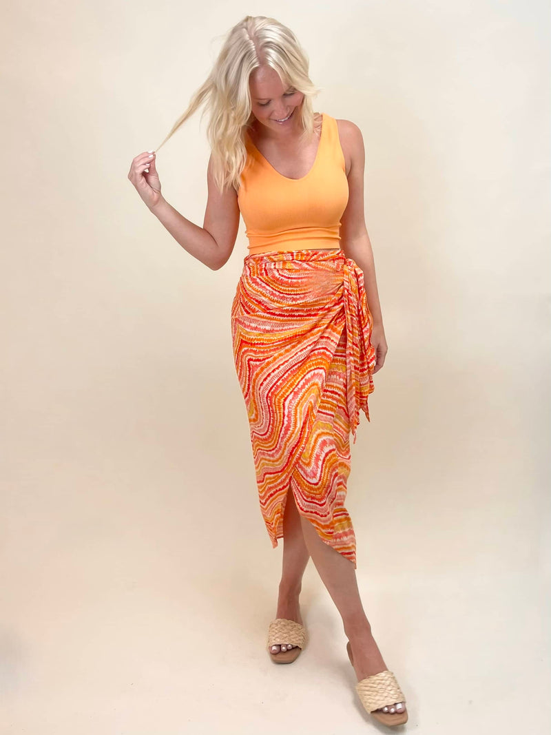 Orange Wave Sarong Wrap Midi Skirt