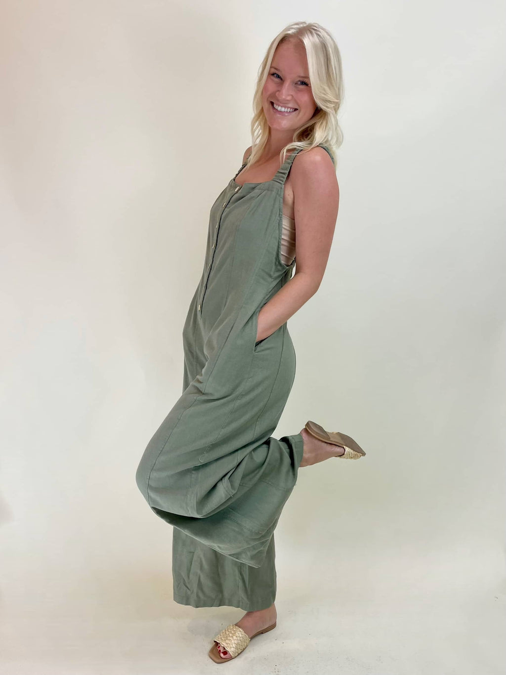 Sunnie Wide Leg Linen Blend Jumpsuit - Olive