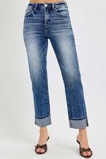 Risen Tummy Control High Rise Cropped Cuff Straight Leg Jeans