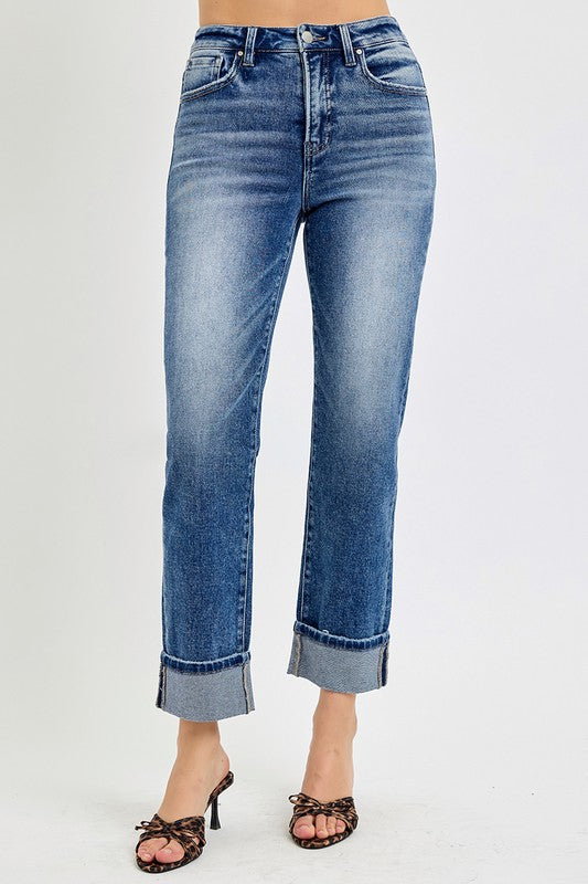 Risen Tummy Control High Rise Cropped Cuff Straight Leg Jeans