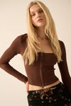 Hot Shot Ribbed Zip-Up Top - Chocolate