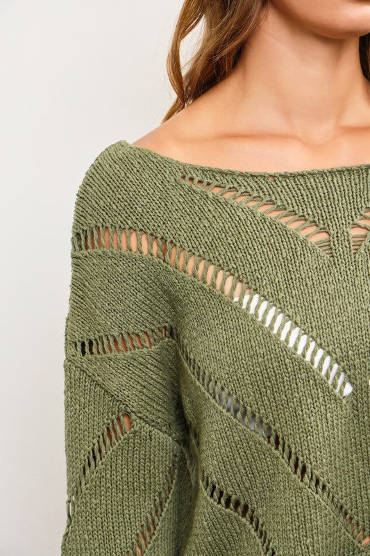 Cropped Open Stitch Detail Pullover Sweater - Green