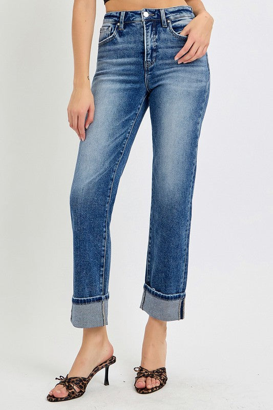 Risen Tummy Control High Rise Cropped Cuff Straight Leg Jeans