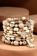 7 Strand Multi-Textured Beaded Charm Bracelet - Ivory