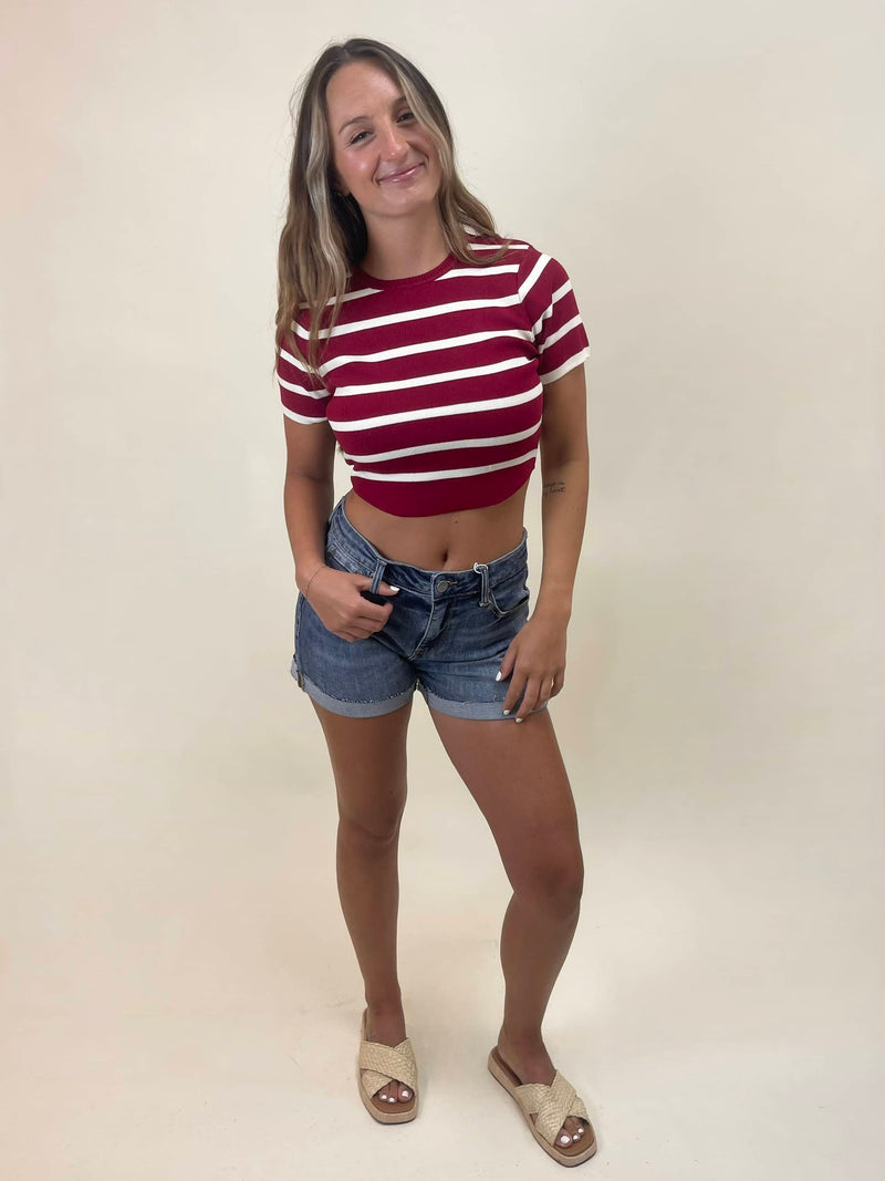 Basic Cropped Stripe Knit Top - Red