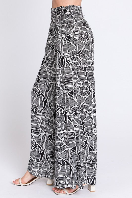 Abstract Leaf Print Wide Leg Pant – Black