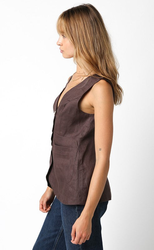 Alyssa Linen Vest Top - Coffee Bean