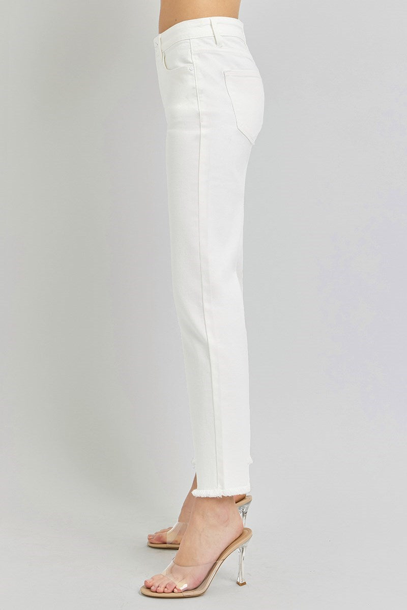 Risen Tummy Control Mid Rise Crop Straight Fray Hem Jeans - White