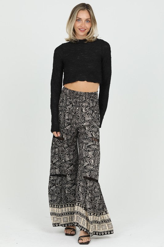 Angie - Wide Leg Pants w/Lace Inset - Black