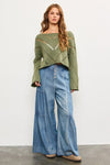 Cropped Open Stitch Detail Pullover Sweater - Green