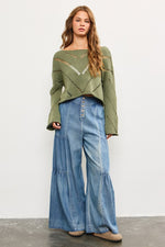 Cropped Open Stitch Detail Pullover Sweater - Green