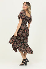 Angie - Twist Front Flutter Sleeve Maxi Dress - Black/Maroon