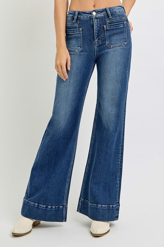 Risen High Rise Patch Pocket Wide Flare Jeans - Dark