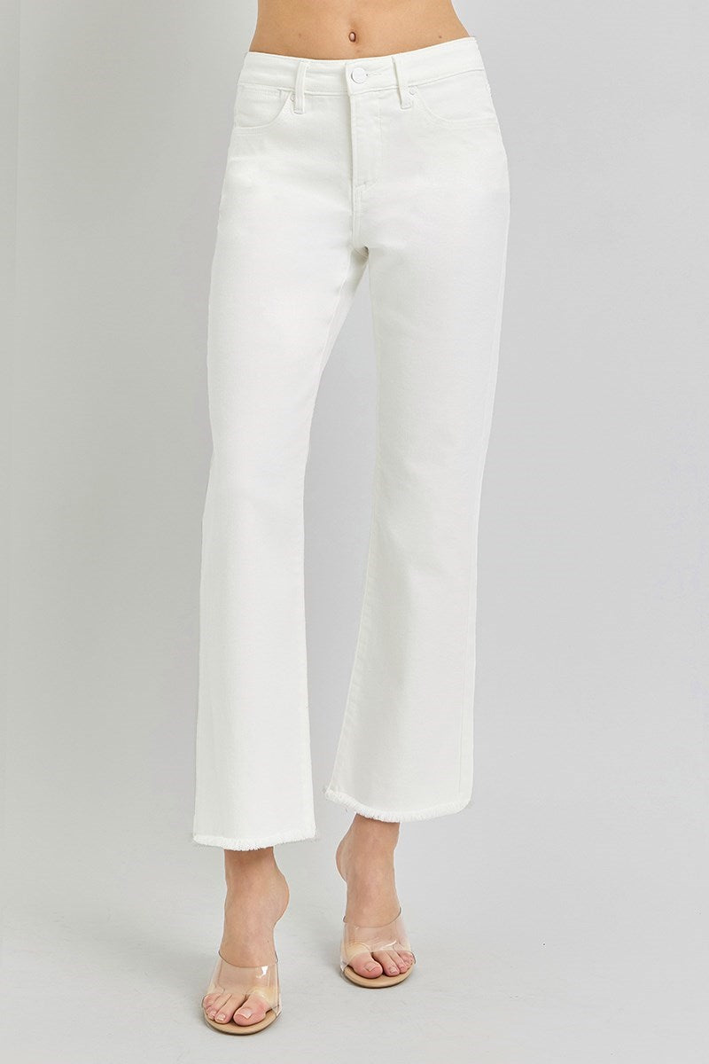 Risen Tummy Control Mid Rise Crop Straight Fray Hem Jeans - White