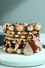 7 Strand Multi-Textured Beaded Charm Bracelet - Brown