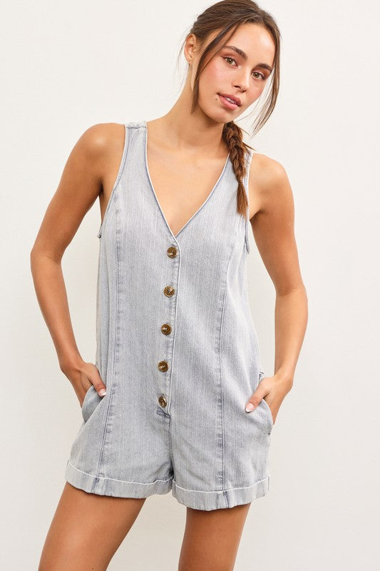 Denim V-Neck Button Down Romper