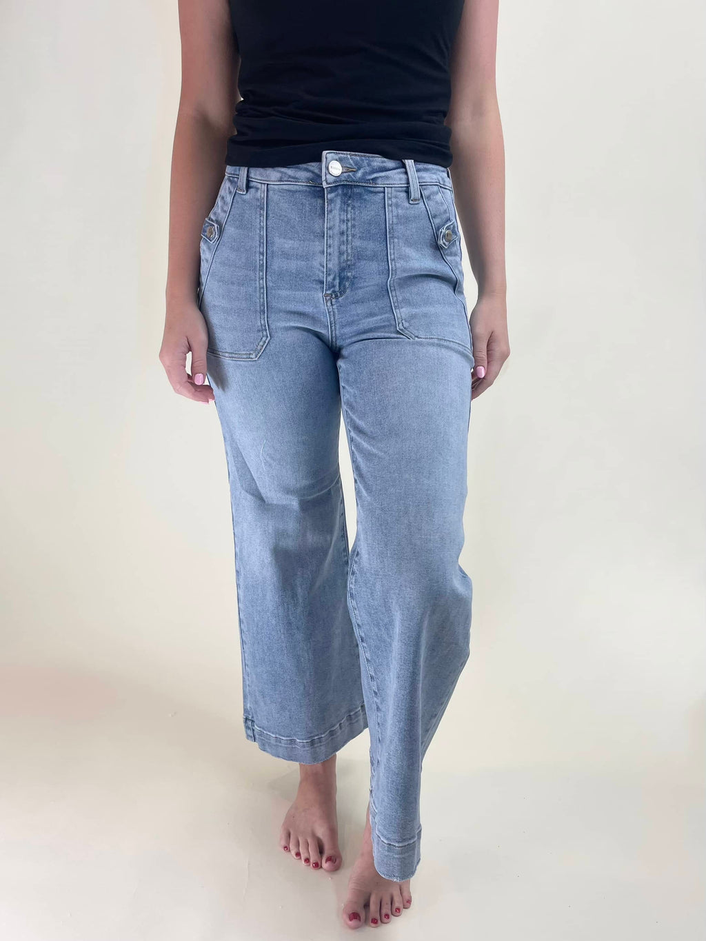 Risen High Rise Patch Pocket Front Wide Leg Ankle Jeans - Light