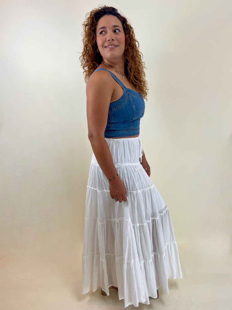 Lola Tiered Drawstring Maxi Skirt - White