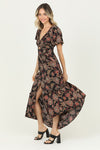 Angie - Twist Front Flutter Sleeve Maxi Dress - Black/Maroon