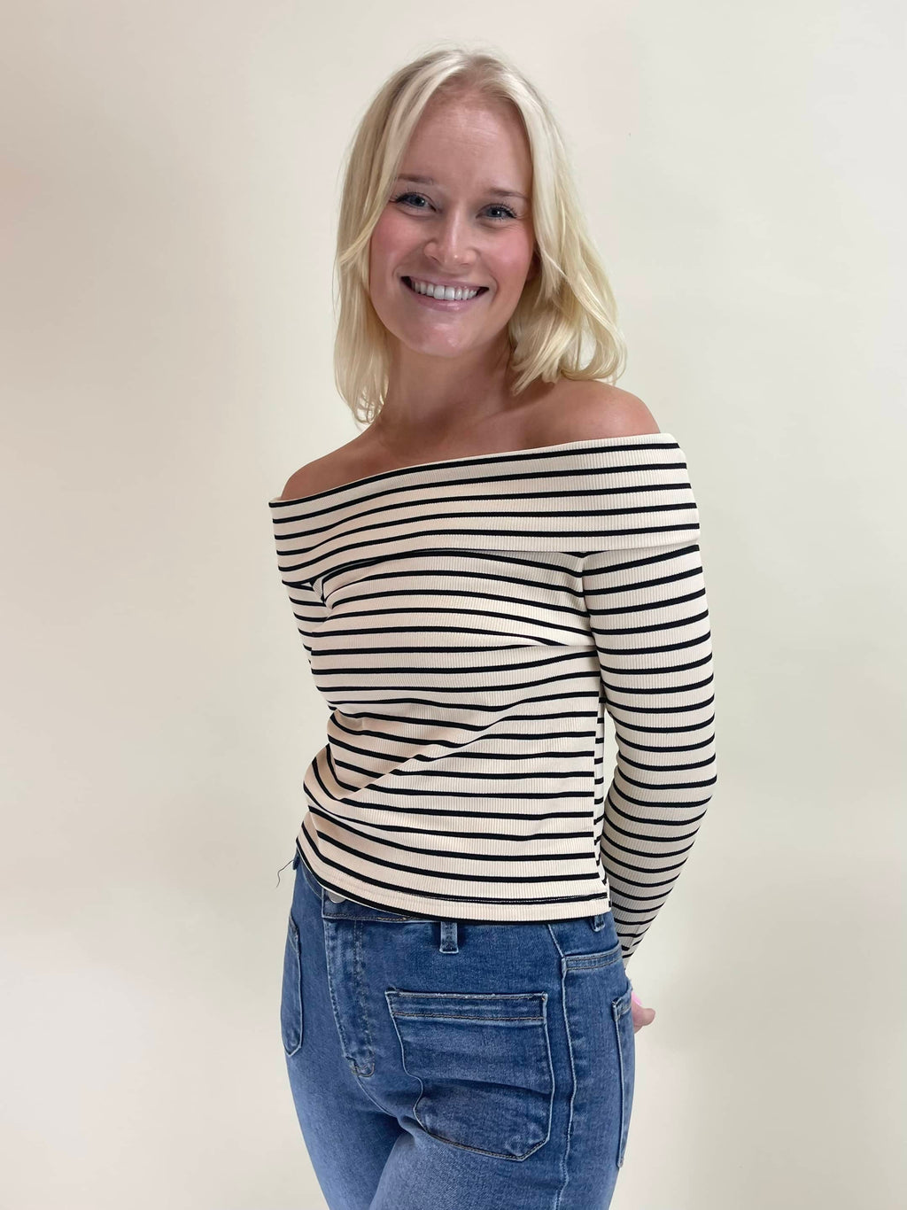 Striped Off The Shoulder Top - Beige/Black