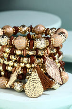 7 Strand Multi-Textured Beaded Charm Bracelet - Brown