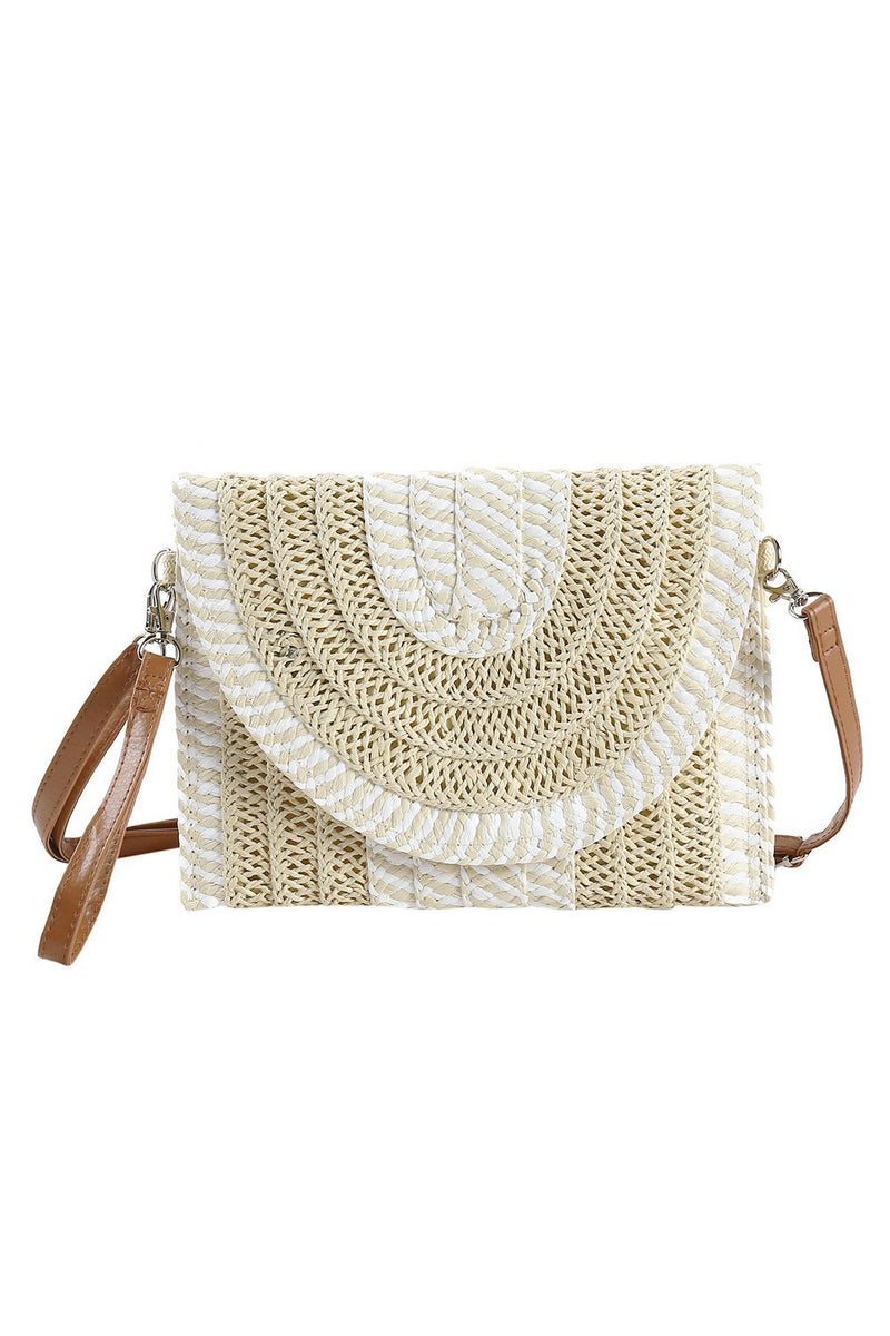 Striped Straw Clutch Bag - Beige/White