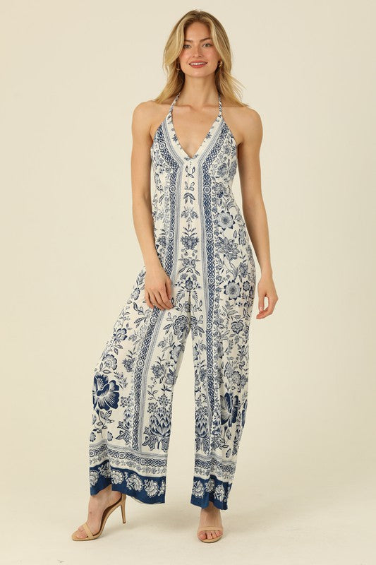 Angie - V Neck Halter Jumpsuit - Navy/Ivory