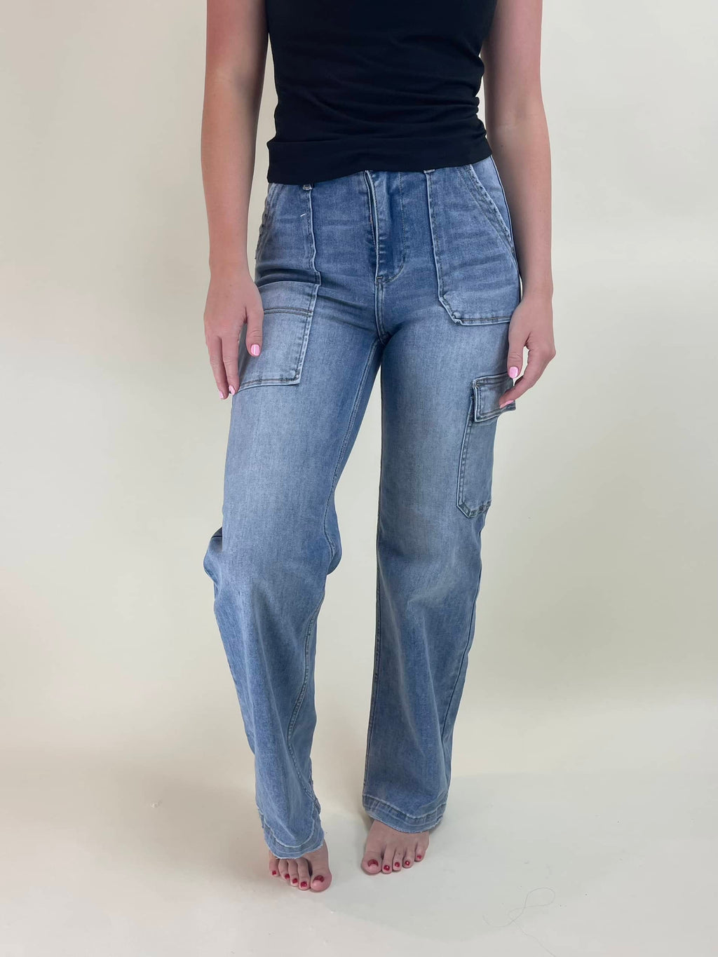 Risen High Rise Cargo Pocket Wide Leg Jeans - Medium