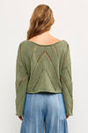 Cropped Open Stitch Detail Pullover Sweater - Green