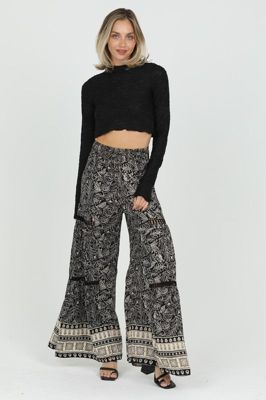 Angie - Wide Leg Pants w/Lace Inset - Black