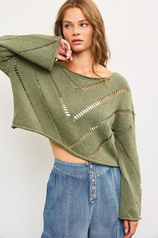 Cropped Open Stitch Detail Pullover Sweater - Green