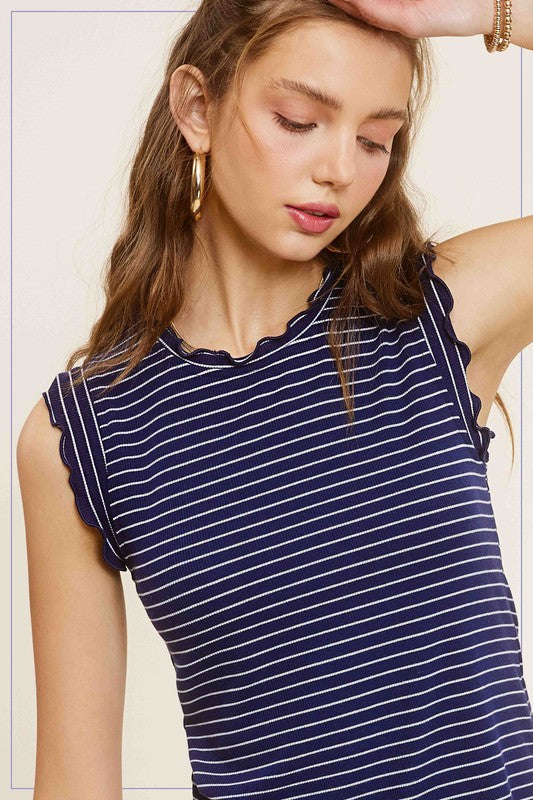 Celia Ruffle Shoulder Striped Tank - Navy