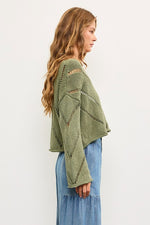 Cropped Open Stitch Detail Pullover Sweater - Green