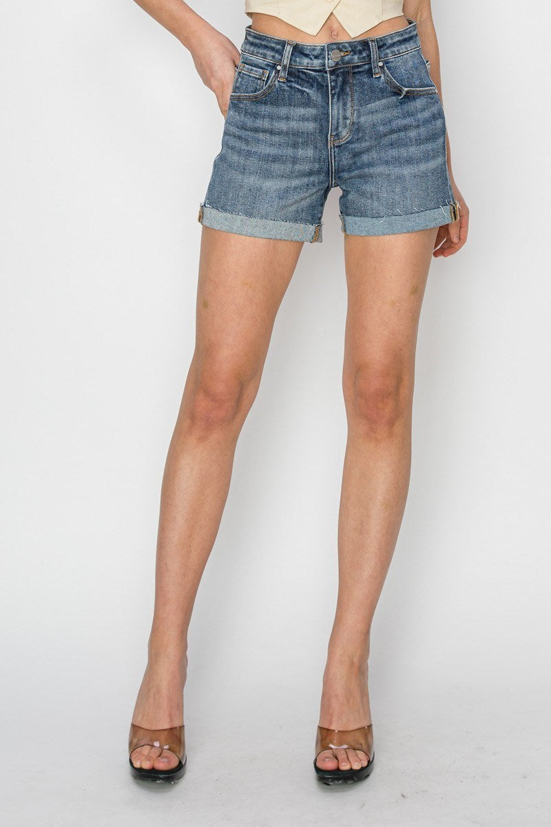 Risen High Rise Cuffed Denim Shorts - Dark