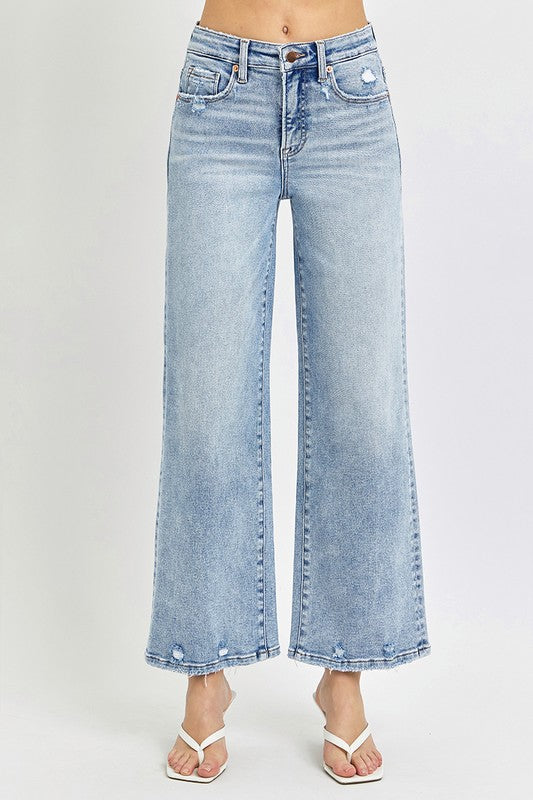 Risen High Rise “Tummy Control” Cropped Wide Leg Jeans - Light