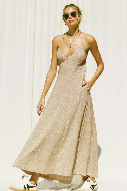 Striped Linen Maxi Dress - Taupe