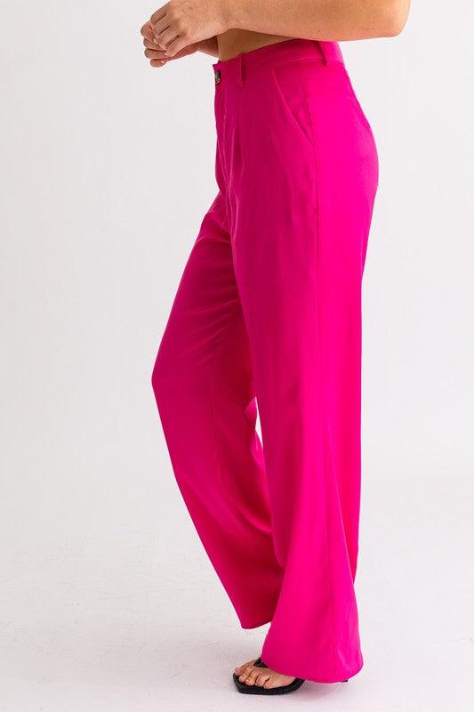 Elegant Bright Pink Front Detailed High Waisted Pants – EDITE MODE